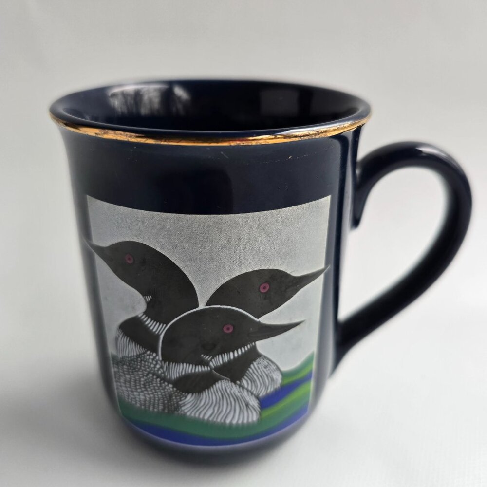 Vintage Otagiri Blue Ceramic Gold Rim Loon Coffee Mug  Design East Inc Japan